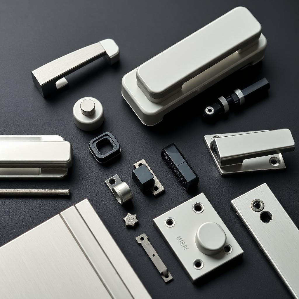 Prémium inox és nikkel ablakfogantyúk, zsanérok, zárak rendezett lapos elrendezésben sötét felületen