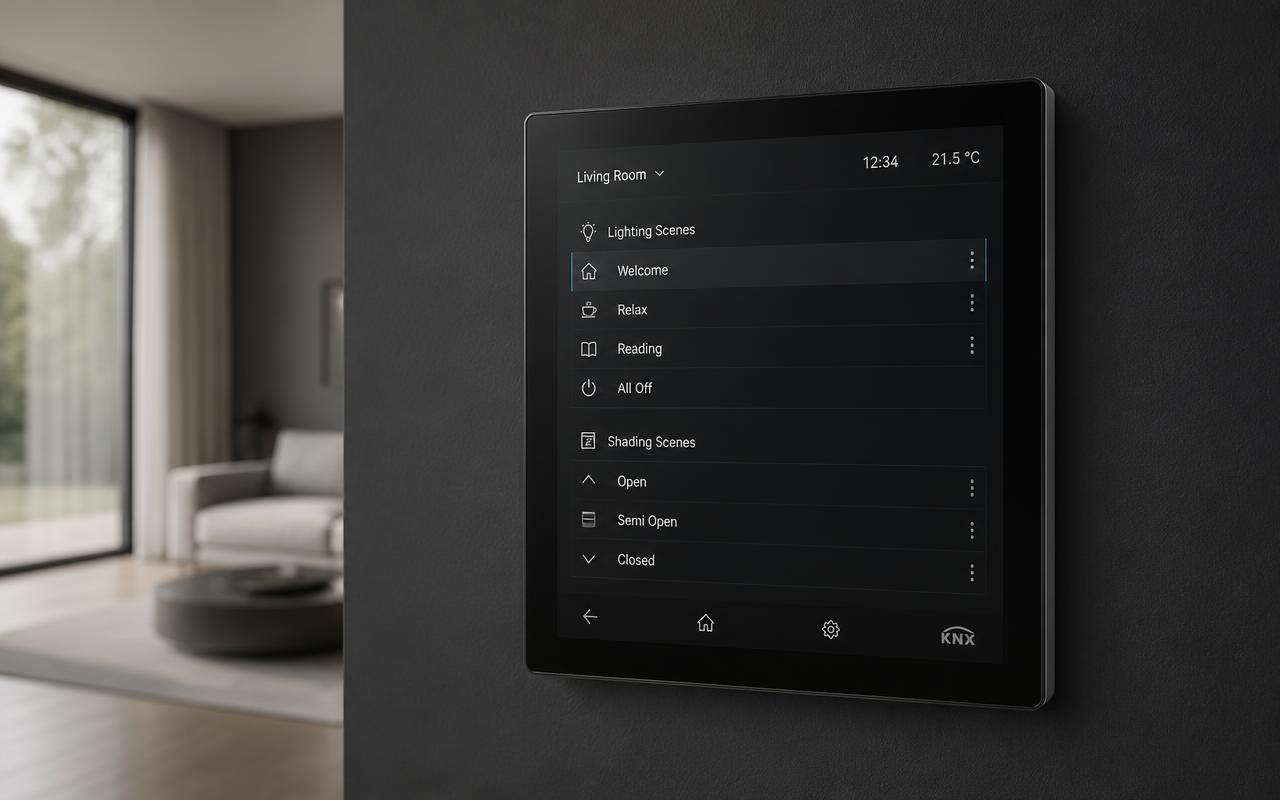 KNX helyiségvezérlő érintőpanel közelről, világítási és árnyékolási jelenetekkel egy prémium nappaliban