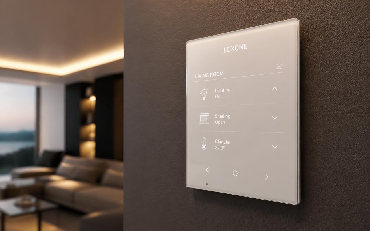 Loxone Touch Pure fali érintőpanel antracit falon, világítási, árnyékolási és klímavezérlési ikonokkal